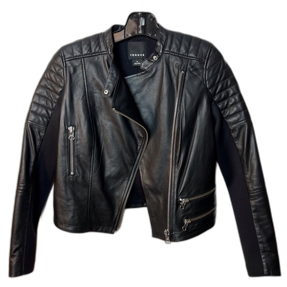 Trouvé Black Real Leather Moto Jacket Quilted Biker Asym. Zip XS Nordstrom - Picture 3 of 8